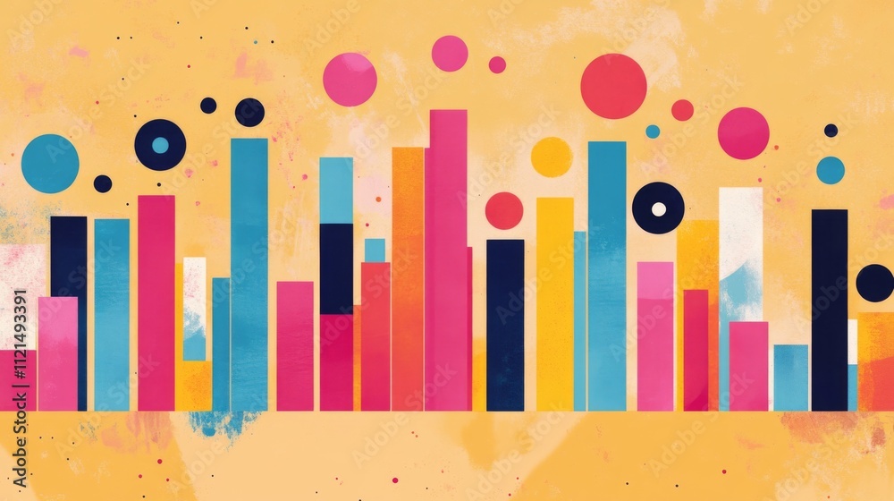 Poster abstract colorful bars and circles on vibrant yellow background