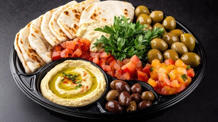 A colorful platter featuring hummus, pita bread, olives, and fresh vegetables, perfect for sharing and enjoying Mediterranean flavors.