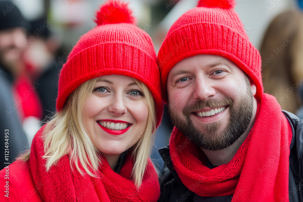 Wall mural Couple smiling in matching red winter hats at festive event