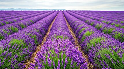 Obraz premium A vibrant lavender field stretches into the distance, showcasing rows of purple blooms under a soft, cloudy sky.