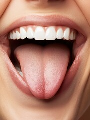 Obraz premium Funny woman playfully sticking out her tongue with a big smile in a close-up shot