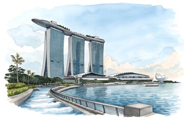 Naklejka premium Singapore building watercolor illustration