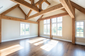 Obraz premium Spacious interior with wooden beams and natural light