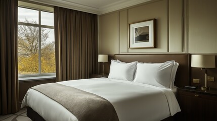 A stylish bedroom featuring a mocha mousse-colored bedspread, large windows with curtains, and modern decor
