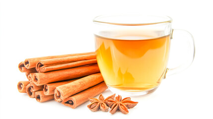 A clear glass mug filled with a warm beverage and garnished with fragrant cinnamon sticks, set against a white background