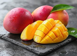 Juicy ripe mangoes, glistening with freshness.  A vibrant mix of red and yellow hues.
