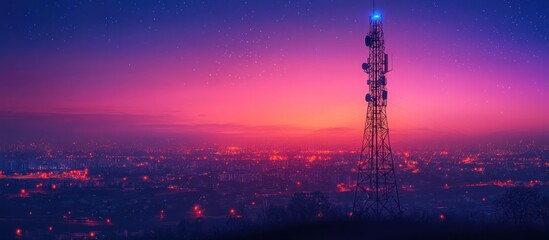 Fototapeta premium A lone communication tower stands tall against a vibrant purple and pink sunset sky, with city lights twinkling in the distance.