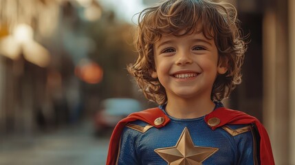 Happy little boy dressed as a superhero in a vibrant urban setting with bright sunlight