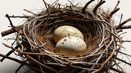Obraz premium A close-up of a bird's nest containing two speckled eggs, showcasing natural textures and earthy tones.