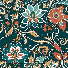 Fototapeta premium Teal and Gold Floral Pattern: A captivating seamless pattern featuring opulent teal and gold floral designs on a deep teal background. Perfect for textile prints, wallpapers, and more. 