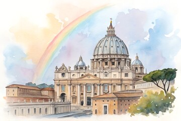 Vatican's St. Peter’s Basilica with a rainbow in the sky watercolor illustration