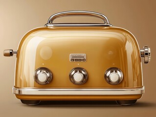 A sleek, mocha mousse-colored toaster with shiny chrome accents and three control knobs, set against a soft, neutral background