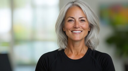 Fototapeta premium Smiling senior female fitness instructor promoting health and wellness in a bright studio