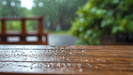 Empty wooden table with rain water and blurred rain background