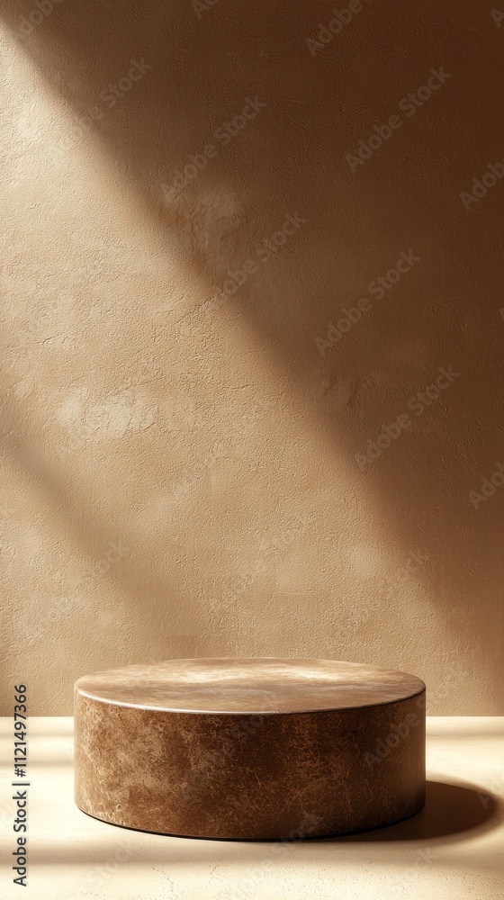 Poster a solitary podium rests on a smooth surface, illuminated by soft morning rays against a warm mocha m