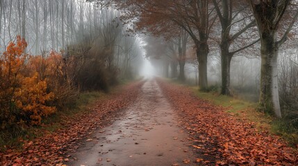Obraz premium A serene, foggy pathway lined with trees, adorned with autumn leaves in shades of brown and gold