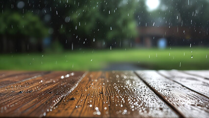Empty wooden table with rain water and blurred rain background