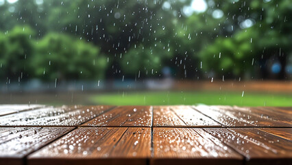 Empty wooden table with rain water and blurred rain background