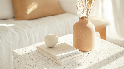 A serene living space featuring textured table with minimalist design, adorned with decorative vase and smooth stone. warm tones create cozy atmosphere