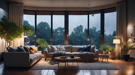 Fototapeta premium Luxurious Mountain Retreat Living Room with Panoramic Forest and Snow-Capped Mountain Views by the Fireplace.