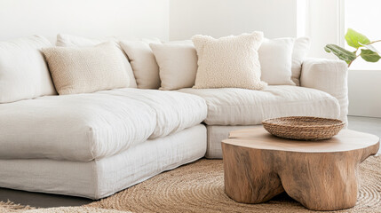 Cozy sectional sofa with textured pillows, wooden coffee table, and natural decor elements create warm and inviting living space