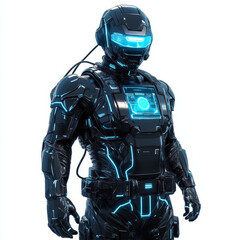 Futuristic Robot with Neon Lights and High-Tech Armor in Action