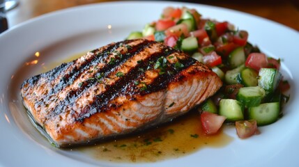 Grilled Salmon Fillet Served With Fresh Vegetable Salad Plate