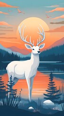 A majestic white deer with perfect antlers, beautiful view of forest and lake in the afternoon at sunset
