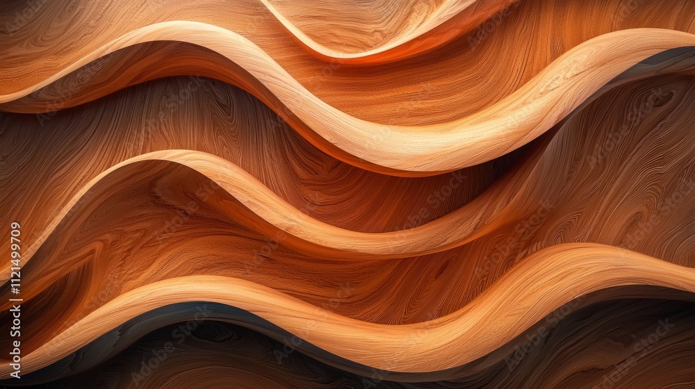 Poster flowing curves of polished wood undulate elegantly, reflecting light and shadow. the harmonious desi