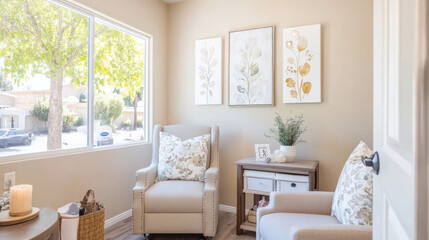 Fototapeta premium A cozy living room corner featuring two comfortable armchairs, decorative wall art, and small side table. natural light from window enhances warm atmosphere, creating welcoming space
