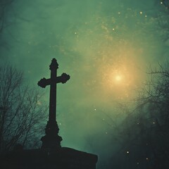Naklejka premium Silhouette of a Christian Cross Against a Dramatic Glowing Sky