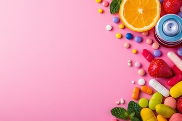 A flat-lay of healthy foods, vitamins, and a calendar marked for pre-pregnancy planning. Generative AI