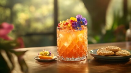 Refreshing Orange Cocktail with Edible Flowers in Elegant Glass