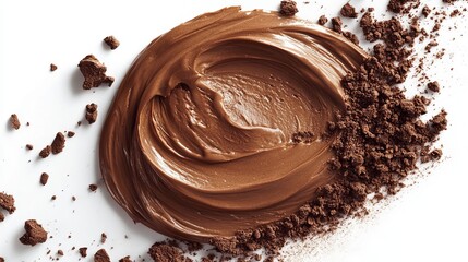 A smooth, creamy swirl of mocha mousse color with scattered cocoa powder on a white background