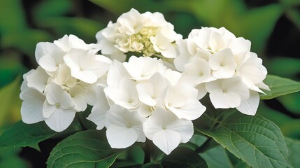 Fototapeta premium Close-up of a cluster of pristine white hydrangea blossoms with vibrant green foliage in full bloom.