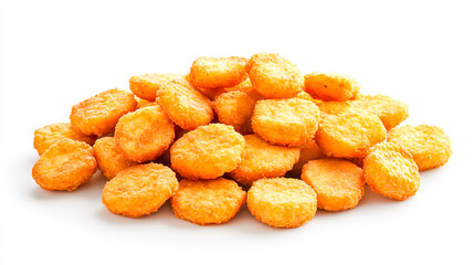 A delicious pile of crispy fried chicken nuggets, golden brown and perfectly seasoned, isolated on a clean white background