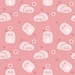 Pig pink cartoon so cute. On flower heart pink background. Pattern seamless vector illustration. 
