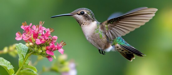Fototapeta premium A hummingbird hovers in mid-air, its wings a blur of motion, as it approaches a cluster of pink flowers.