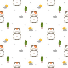 Snowcat cartoon so cute. On tree cloud sun snow white background. Pattern seamless vector illustration. 
