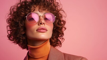 A confident woman with curly hair in pink sunglasses, showcasing style and individuality, set...