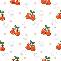 Cherry rabbit cartoon so cute. On line face rabbit white background. Pattern seamless vector illustration. 
