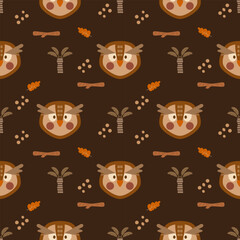 Face owl cartoon so cute. On leaf tree wood brown background. Pattern seamless vector illustration. 
