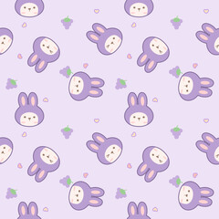 Face rabbit purple cartoon so cute. On grape heart purple background. Pattern seamless vector illustration. 