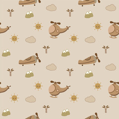 Helicopter and airplane cartoon so cute. On cloud sun tree mountain background. Welcome autumn. Pattern seamless vector illustration. 
