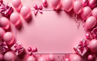 Elegant Pink Balloon and Ribbon Frame: A Perfect Backdrop for Celebrations, Parties, or Special Events with Soft Pastel Colors and a Festive, Girly Vibe.