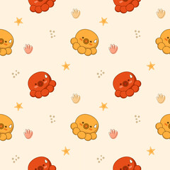 Squid red and yellow cartoon so cute. On starfish sea grass background. Pattern seamless vector illustration. 
