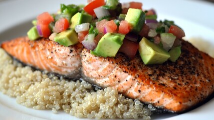 Grilled Salmon Fillet with Fresh Avocado Salsa and Quinoa Base