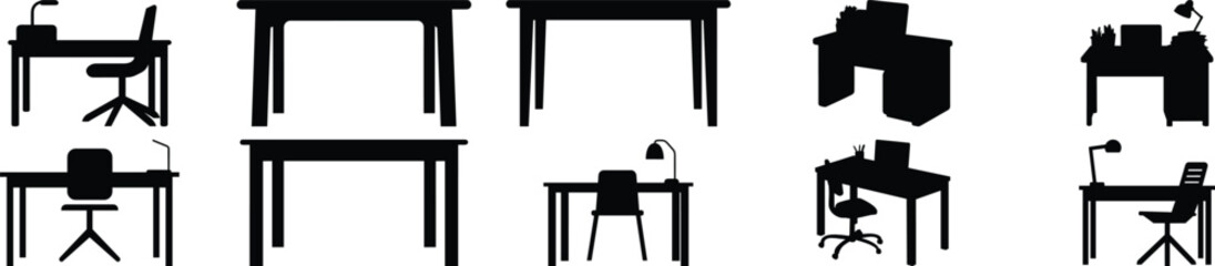 Fototapeta premium Desk silhouette set vector design big pack of work illustration and icon
