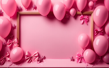 Elegant Pink Balloon and Ribbon Frame: A Perfect Backdrop for Celebrations, Parties, or Special Events with Soft Pastel Colors and a Festive, Girly Vibe.