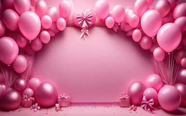 Elegant Pink Balloon and Ribbon Frame: A Perfect Backdrop for Celebrations, Parties, or Special Events with Soft Pastel Colors and a Festive, Girly Vibe.